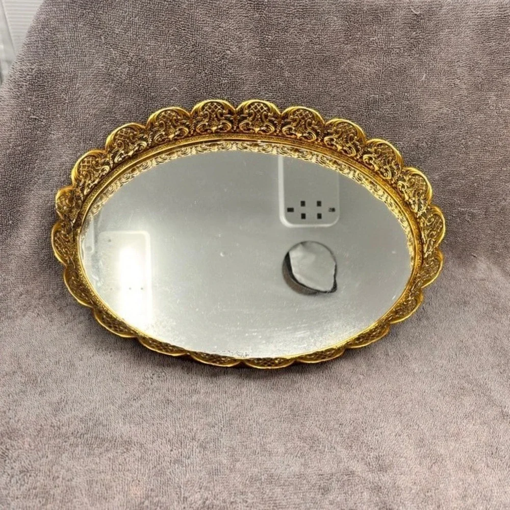 Vtg Mirrored Vanity Tray Gold Filigree Oval 11